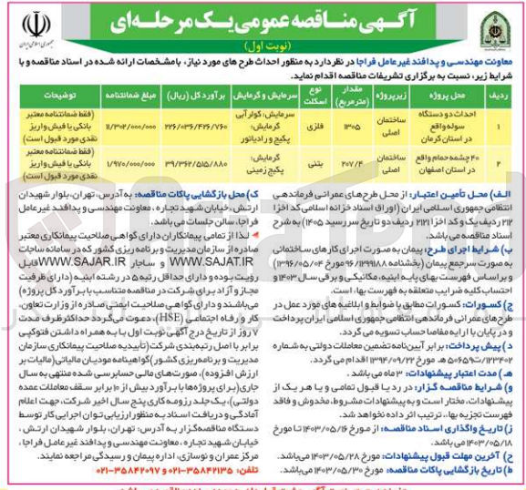 تصویر کوچک آگهی احداث طرح 40 چشمه حمام واقع در استان اصفهان نوع اسکلت بتنی گرمایش پکیج زمینی