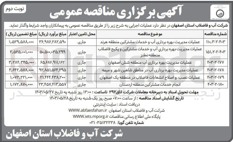 تصویر کوچک آگهی عملیات مدیریت بهره برداری آب و خدمات مشترکین منطقه هرند
