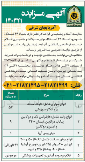 تصویر کوچک آگهی فروش تعداد 66 دستگاه خودرو ،تعداد 42 دستگاه موتور سیکلت و مقادیری اقلام فرسوده فرماندهی انتظامی 