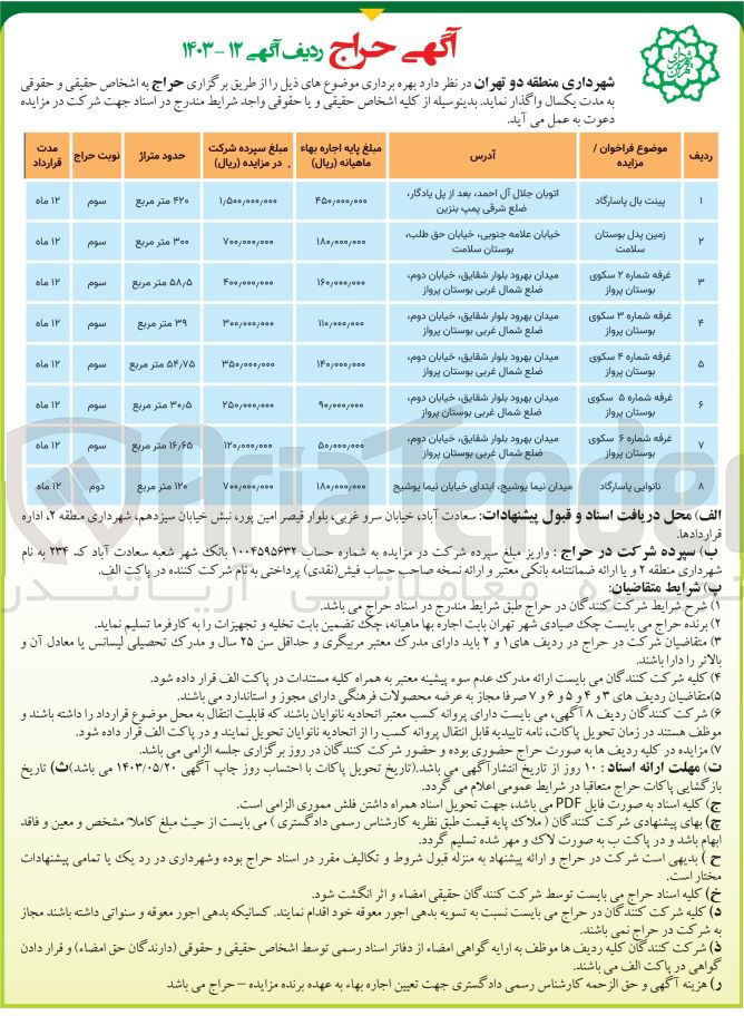 تصویر کوچک آگهی بهره برداری زمین در 8 ردیف شامل :پینت بال پاسارگاد -نانوایی پاسارگاد -غرفه شماره 3 سکوی بوستان پرواز -غرفه شماره 4 سکوی بوستان پرواز و.....