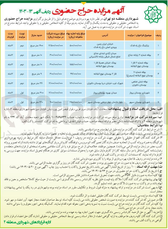 تصویر کوچک آگهی بهره برداری زمین در 7 ردیف شامل :پارکینگ باغ راه فدک -بوفه شماره 2 فاز 1 بوستان نهج البلاغه -شهربازی بوستان پرواز -شهربازی بوستان سپهر و....