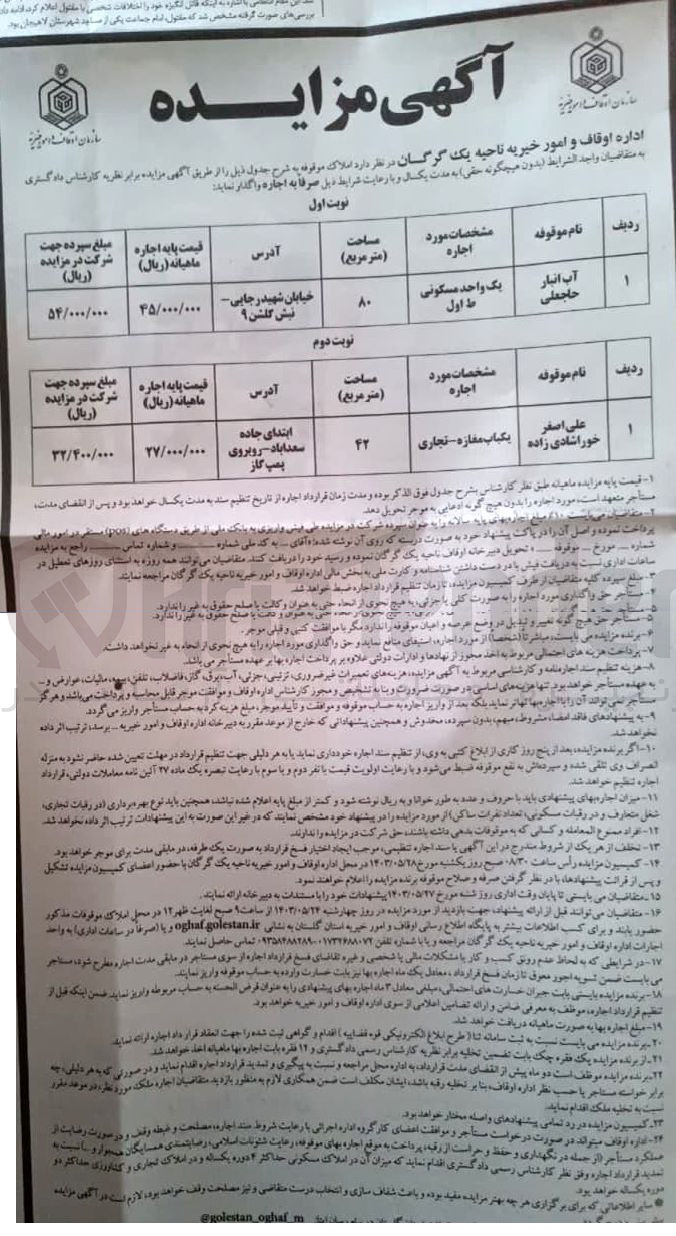 تصویر کوچک آگهی واگذاری موقوفه علی اصغر خوراشادی زاده با مشخصات یک باب مغازه تجاری به صورت اجاره به مدت یکسال به مساحت 42 مترمربع با قیمت پایه اجاره ماهیانه 27/000/000 ریال