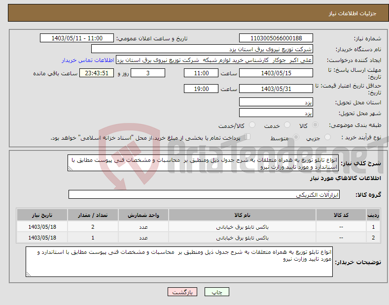 تصویر کوچک آگهی نیاز انتخاب تامین کننده-انواع تابلو توزیع به همراه متعلقات به شرح جدول ذیل ومنطبق بر محاسبات و مشخصات فنی پیوست مطابق با استاندارد و مورد تایید وزارت نیرو 