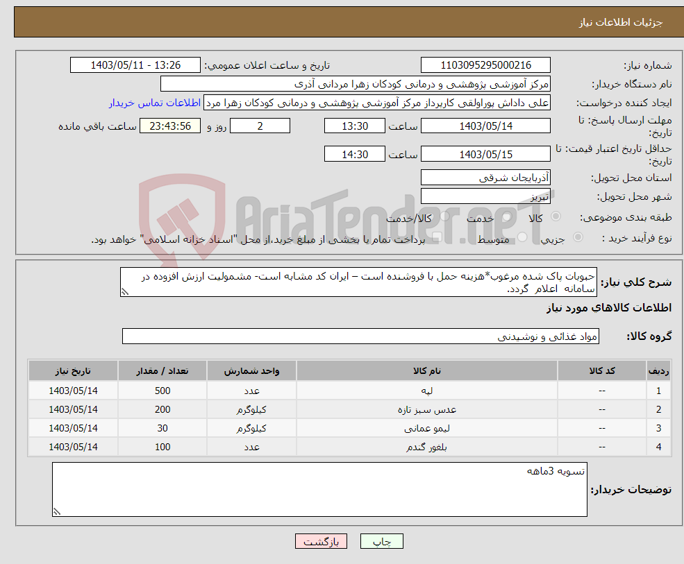 تصویر کوچک آگهی نیاز انتخاب تامین کننده-حبوبات پاک شده مرغوب*هزینه حمل با فروشنده است – ایران کد مشابه است- مشمولیت ارزش افزوده در سامانه اعلام گردد.