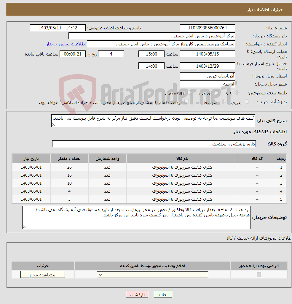 تصویر کوچک آگهی نیاز انتخاب تامین کننده-کیت های بیوشیمی،با توجه به توصیفی بودن درخواست لیست دقیق نیاز مرکز به شرح فایل پیوست می باشد.