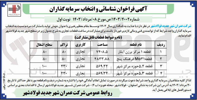 تصویر کوچک آگهی مشارکت در ساخت قطعات تجاری قطعه 5،2 حوزه مرکز شهر 