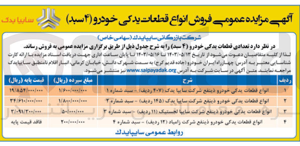 تصویر کوچک آگهی فروش تعدادی قطعات یدکی خودرو (۴ سید) :
انواع قطعات یدکی خودرو ذینفع شرکت سایپا یدک ۴۰۷ ردیف - سید شماره ۱ 
انواع قطعات یدکی خودرو ذینفع شرکت سایپا یدک ۱۴۵ ردیف - سید شماره ۲ 
انواع قطعات یدکی خودرو ذینفع شرکت سایپا لجستیک ۱۱ ردیف - سید شماره ۳
انواع قطعات یدکی خودرو ذینفع شرکت زامیاد ۱۲ ردیف - سبد شماره ۴ 
