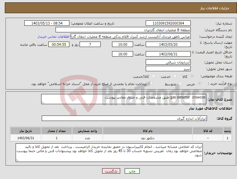 تصویر کوچک آگهی نیاز انتخاب تامین کننده-gas detector crowcon طبق مشخصات فنی و جدول مقادیر پیوست