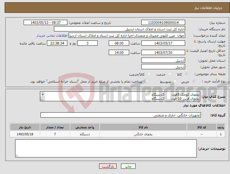تصویر کوچک آگهی نیاز انتخاب تامین کننده-یخچال کوچک 5فوت 5دستگاه یخچال فریزر 10 فوت 2دستگاه مطابق شرایط فایل پیوستی 
