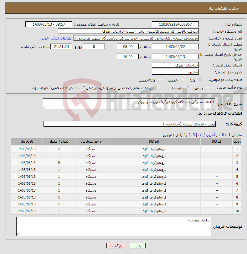تصویر کوچک آگهی نیاز انتخاب تامین کننده-قطعات مصرفی دستگاه کروماتوگراف واریان و بروکر