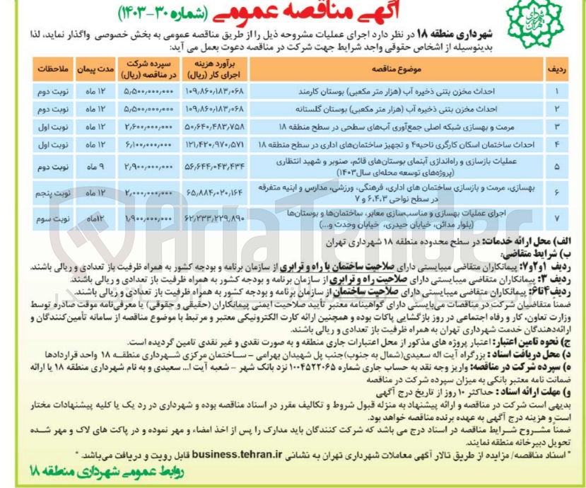 تصویر کوچک آگهی احداث مخزن بتنی ذخیره آب (هزار متر مکعبی) بوستان کارمند