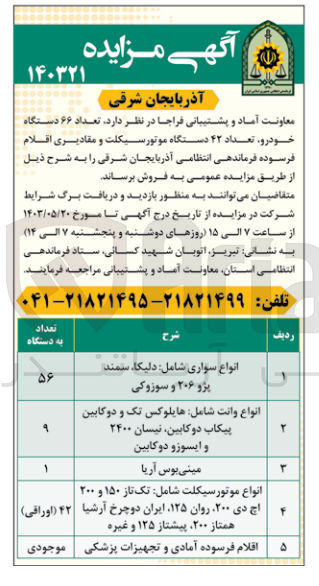 تصویر کوچک آگهی فروش تعداد 66 دستگاه خودرو ،تعداد 42 دستگاه موتور سیکلت و مقادیری اقلام فرسوده فرماندهی انتظامی 