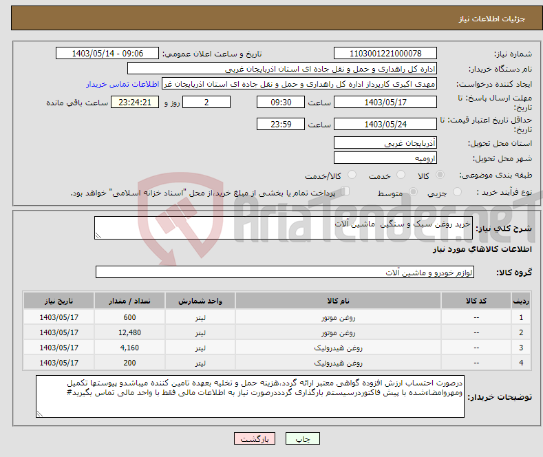 تصویر کوچک آگهی نیاز انتخاب تامین کننده-خرید روغن سبک و سنگین ماشین آلات 