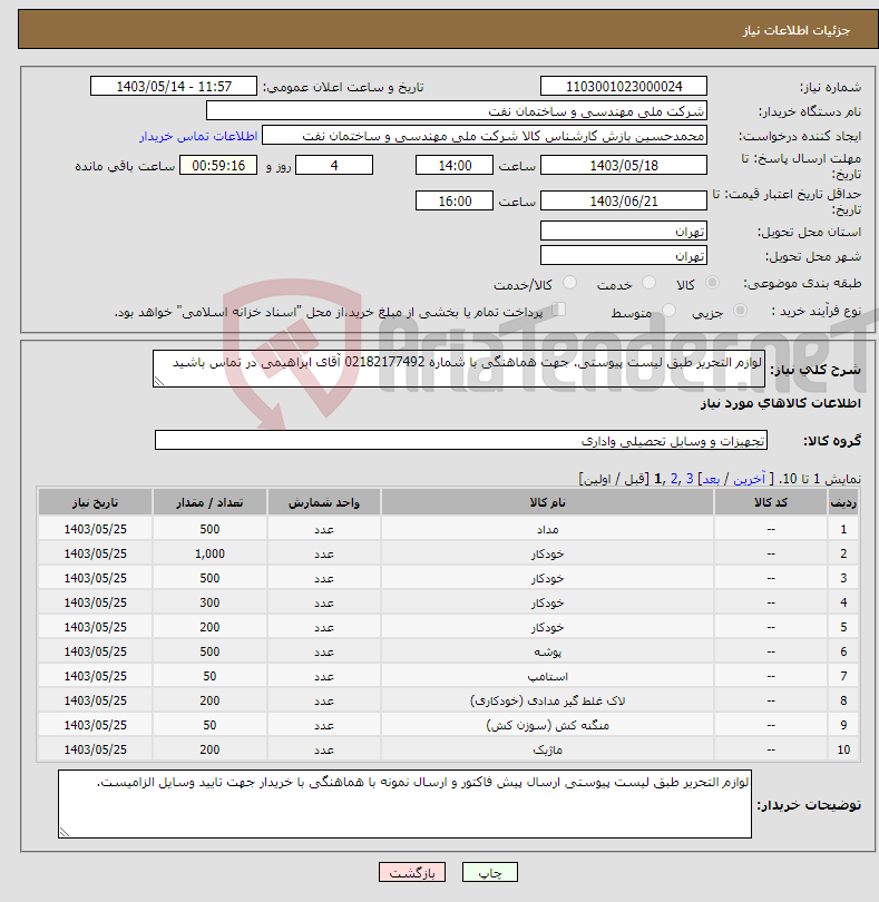 تصویر کوچک آگهی نیاز انتخاب تامین کننده-لوازم التحریر طبق لیست پیوستی. جهت هماهنگی با شماره 02182177492 آقای ابراهیمی در تماس باشید
