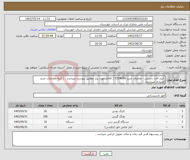 تصویر کوچک آگهی نیاز انتخاب تامین کننده- ابزار آلات دستی - تقاضای خرید 0334056 ( کالای مورد نیاز مطابق پیوست میباشد . ) کلیه معاملات خرید اعتباری میباشند .