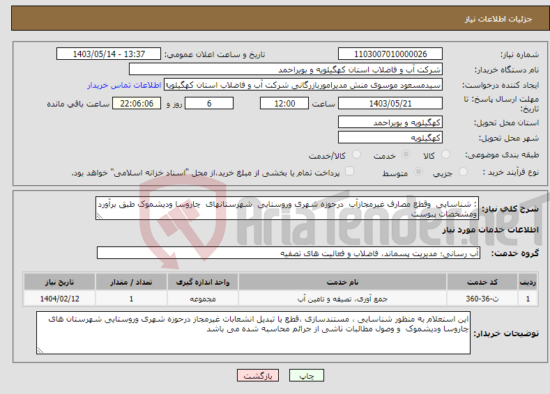 تصویر کوچک آگهی نیاز انتخاب تامین کننده-: شناسایی وقطع مصارف غیرمجازآب درحوزه شهری وروستایی شهرستانهای چاروسا ودیشموک طبق برآورد ومشخصات پیوست