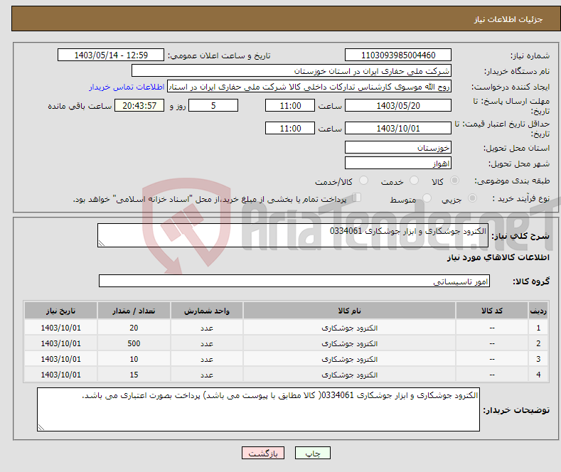 تصویر کوچک آگهی نیاز انتخاب تامین کننده-الکترود جوشکاری و ابزار جوشکاری 0334061