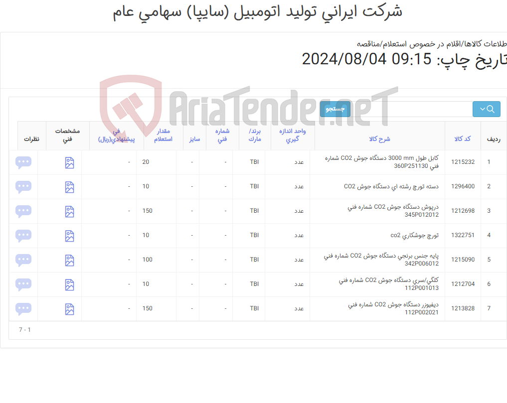 تصویر کوچک آگهی تامین هفت ردیف درپوش , دیفیوزر و .. دستگاه جوش