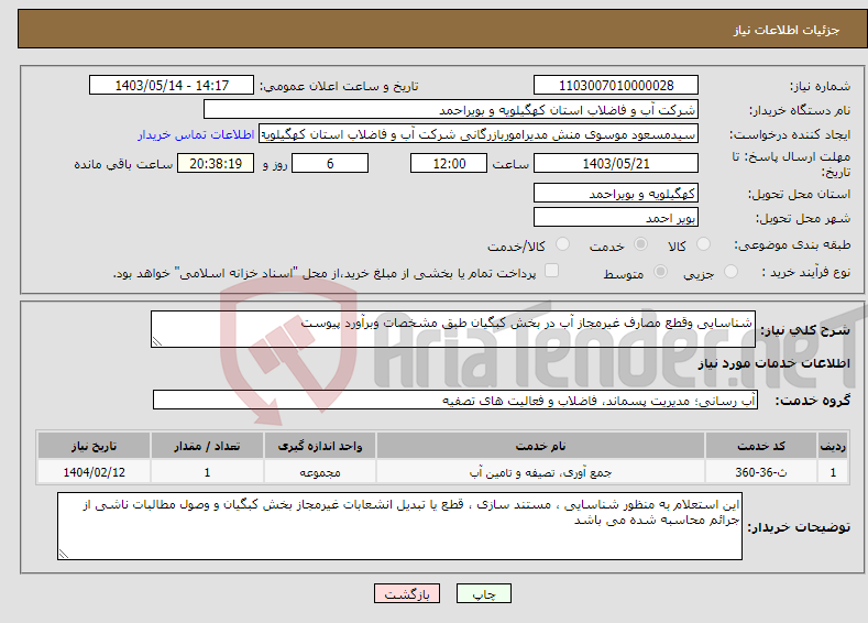تصویر کوچک آگهی نیاز انتخاب تامین کننده-شناسایی وقطع مصارف غیرمجاز آب در بخش کبگیان طبق مشخصات وبرآورد پیوست