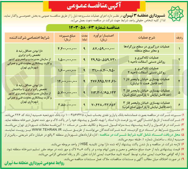 تصویر کوچک آگهی عملیات درزگیری در سطح بزرگراه ها و معابر سطح منطقه

