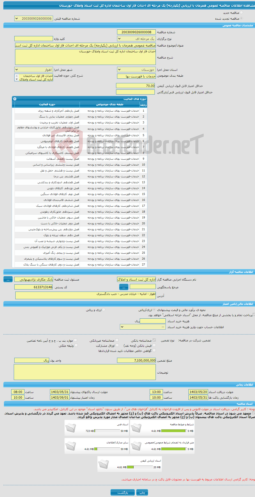 تصویر کوچک آگهی مناقصه عمومی همزمان با ارزیابی (یکپارچه) یک مرحله ای احداث فاز اول ساختمان اداره کل ثبت اسناد واملاک خوزستان