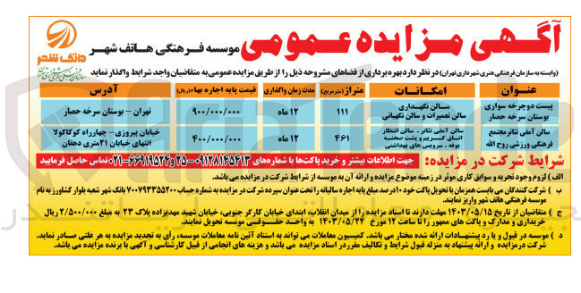 تصویر کوچک آگهی واگذاری فضای پیست دوچرخه سواری و سالن آمفی تئاتر 