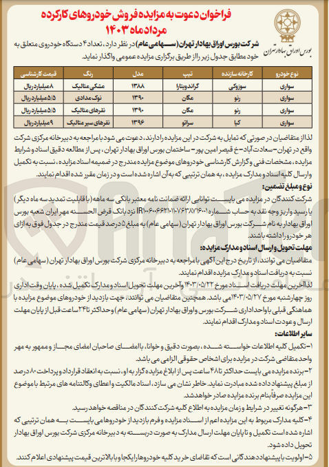 تصویر کوچک آگهی فروش تعداد ۴ دستگاه خودروی متعلق به بورس اوراق بهادار تهران
سوزوکی گراند ویتارا مدل ۱۳۸۸ مشکی متالیک
رنو مگان مدل ۱۳۹۰ نوک مدادی
رنو مگان مدل ۱۳۹۰ نقره ای متالیک
کیا سراتو مدل ۱۳۹۶ نقره ای سیر متالیک