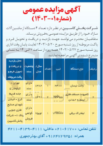 تصویر کوچک آگهی فروش تعداد 4 دستگاه ماشین آلات مازاد 