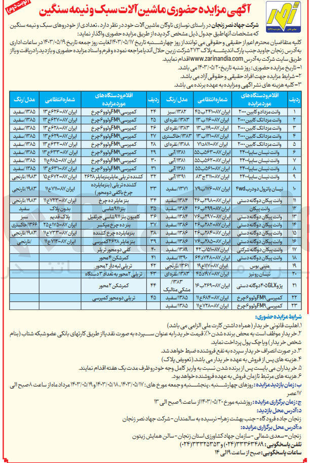 تصویر کوچک آگهی واگذاری تعدادی از خودروهای سبک و نیمه سنگین در 23 ردیف 