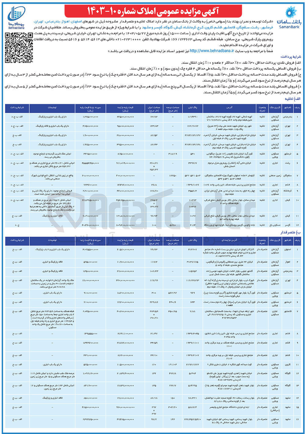 تصویر کوچک آگهی فروش املاک تخلیه و متصرفدار مشروحه ذیل در شهرهای اصفهان، اهواز بندرعباس، تهران، خرمشهر، رشت، سلفچگان ،قائمشهر، قشم، کارون کرج کرمانشاه کیش گلوگاه گچسر و مشهد