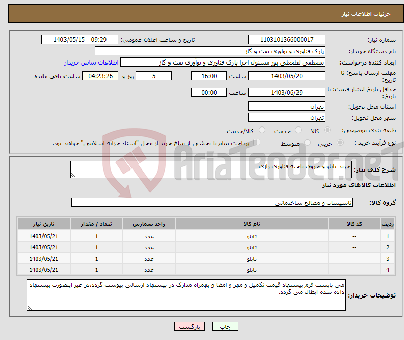 تصویر کوچک آگهی نیاز انتخاب تامین کننده-خرید تابلو و حروف ناحیه فناوری رازی