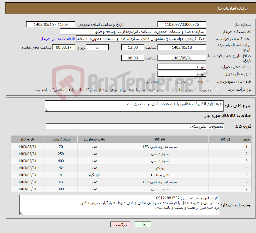 تصویر کوچک آگهی نیاز انتخاب تامین کننده-تهیه لوازم الکتریکال مطابق با مشخصات فنی لیست پیوست