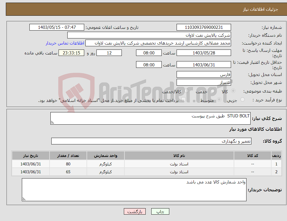 تصویر کوچک آگهی نیاز انتخاب تامین کننده-STUD BOLT طبق شرح پیوست