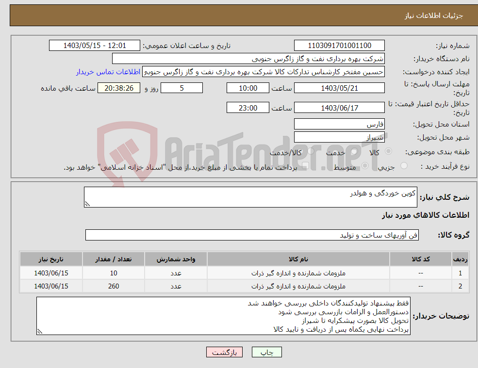 تصویر کوچک آگهی نیاز انتخاب تامین کننده-کوپن خوردگی و هولدر