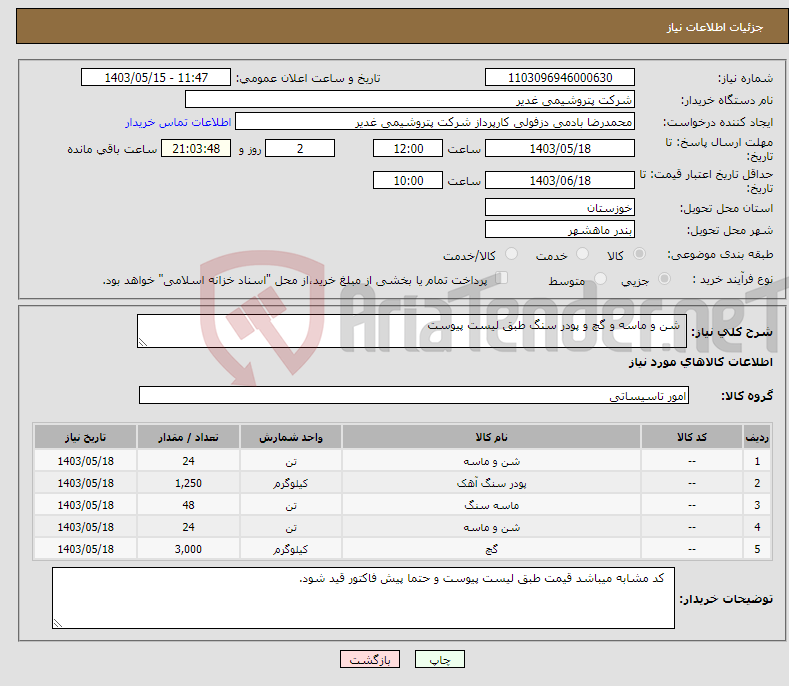 تصویر کوچک آگهی نیاز انتخاب تامین کننده- شن و ماسه و گچ و پودر سنگ طبق لیست پیوست