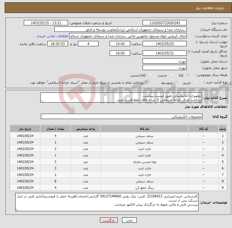 تصویر کوچک آگهی نیاز انتخاب تامین کننده-تجهیزات الکترونیکی طبق لیست پیوست پرداخت اوراق خزانه اسلامی 3 ساله فاقد حفظ قدرت خرید