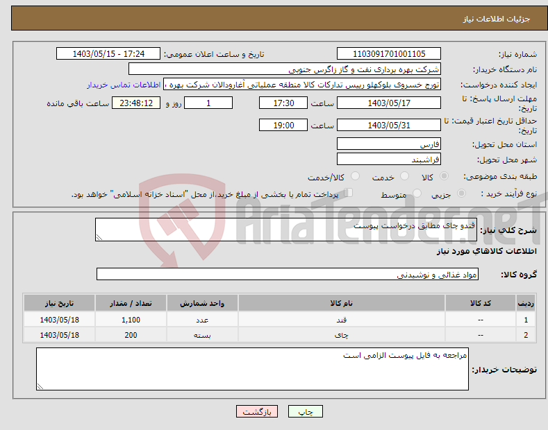 تصویر کوچک آگهی نیاز انتخاب تامین کننده-قندو چای مطابق درخواست پیوست