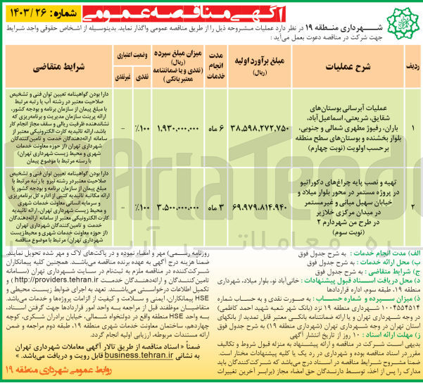 تصویر کوچک آگهی تهیه و نصب پایه چراغ های دکوراتیو در پروژه مستمر در محور بلوار میلاد و خیابان سهیل میانی و غیرمستمر در میدان مرکزی خلازیر در طرح من شهردارم 2 