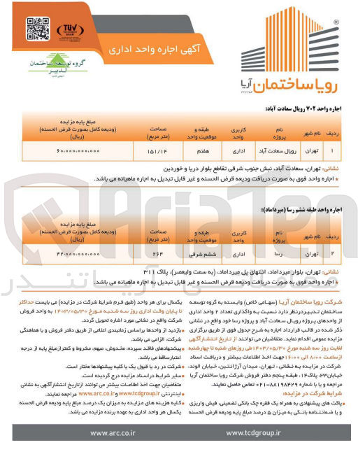 تصویر کوچک آگهی واگذاری تعداد 2 واحد اداری از واحدهای پروژه رویال سعادت آباد و پروژه رسا