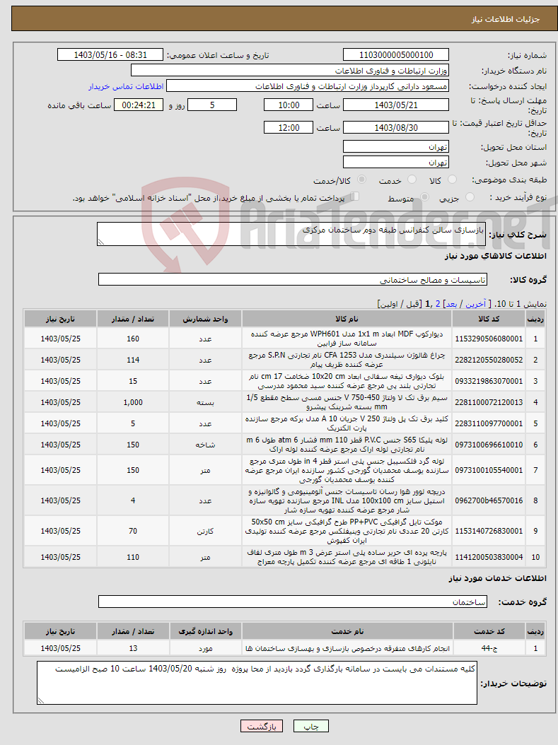 تصویر کوچک آگهی نیاز انتخاب تامین کننده-بازسازی سالن کنفرانس طبقه دوم ساختمان مرکزی