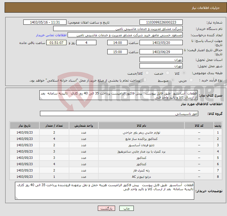 تصویر کوچک آگهی نیاز انتخاب تامین کننده-قطعات آسانسور طبق فایل پیوست پیش فاکتور الزامیست پرداخت 35 الی 40 روز کاری تائیدیه سامانه بعد از ارسال کالا و تائید واحد فنی 