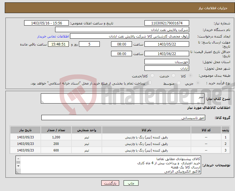 تصویر کوچک آگهی نیاز انتخاب تامین کننده-تینر 