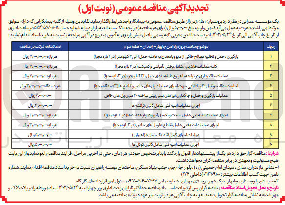 تصویر کوچک آگهی بارگیری ،حمل و تخلیه مصالح خاکی از دپو و یا معدن به فاصله حمل 1 الی 3 کیلومتر (در 3 بازه مجزا )