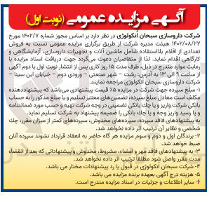 تصویر کوچک آگهی فروش تعدادی از اقلام بلااستفاده شامل ماشین آلات و تجهیزات داروسازی ،آزمایشگاهی و کارگاهی 
