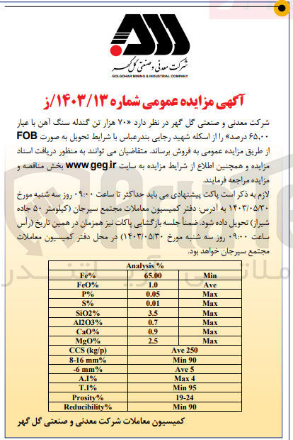 تصویر کوچک آگهی فروش  ۷۰ هزار تن گندله سنگ آهن با عیار ۶۵٫۰۰ درصد