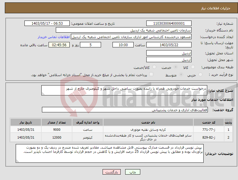 تصویر کوچک آگهی نیاز انتخاب تامین کننده-درخواست خدمات خودرویی همراه با راننده بصورت ساعتی داخل شهر و کیلومتری خارج از شهر