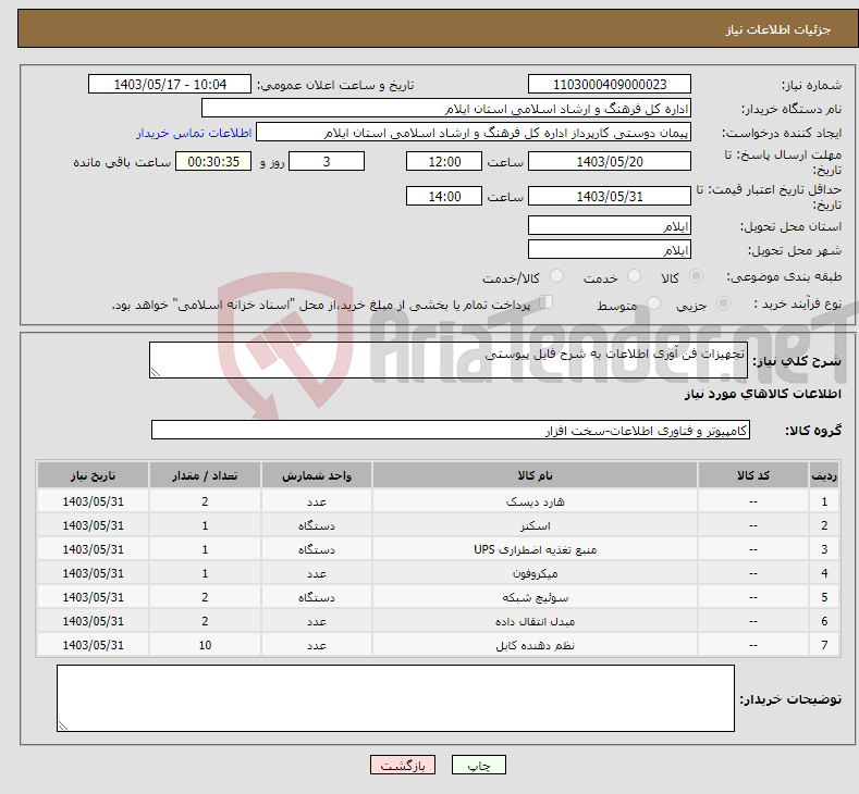 تصویر کوچک آگهی نیاز انتخاب تامین کننده-تجهیزات فن آوری اطلاعات به شرح فایل پیوستی