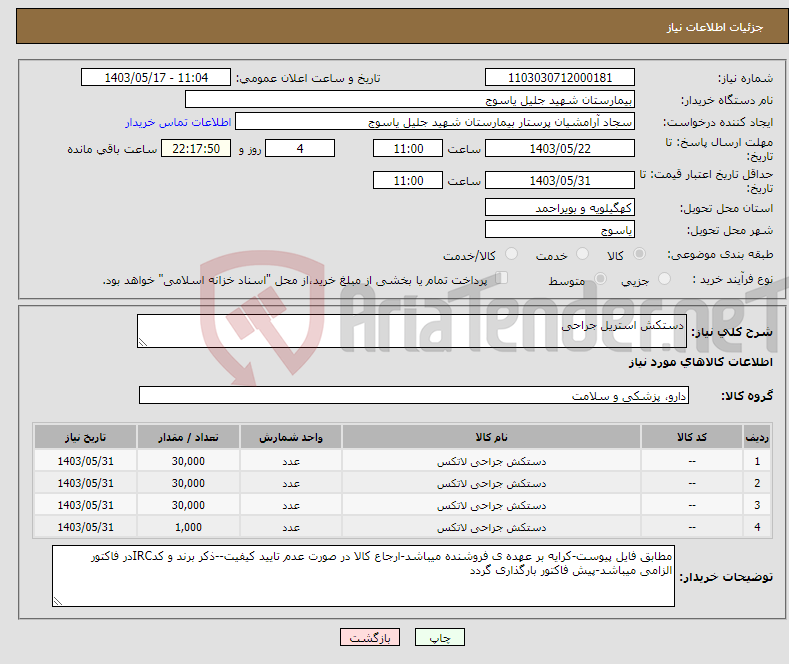 تصویر کوچک آگهی نیاز انتخاب تامین کننده-دستکش استریل جراحی
