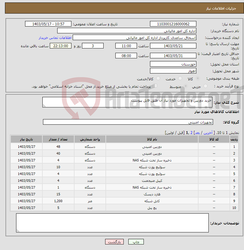 تصویر کوچک آگهی نیاز انتخاب تامین کننده-خرید دوربین و تجهیزات مورد نیاز آن طبق فایل پیوست