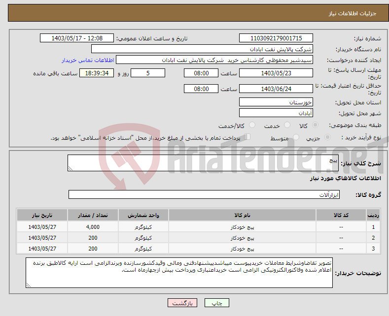 تصویر کوچک آگهی نیاز انتخاب تامین کننده-پیچ
